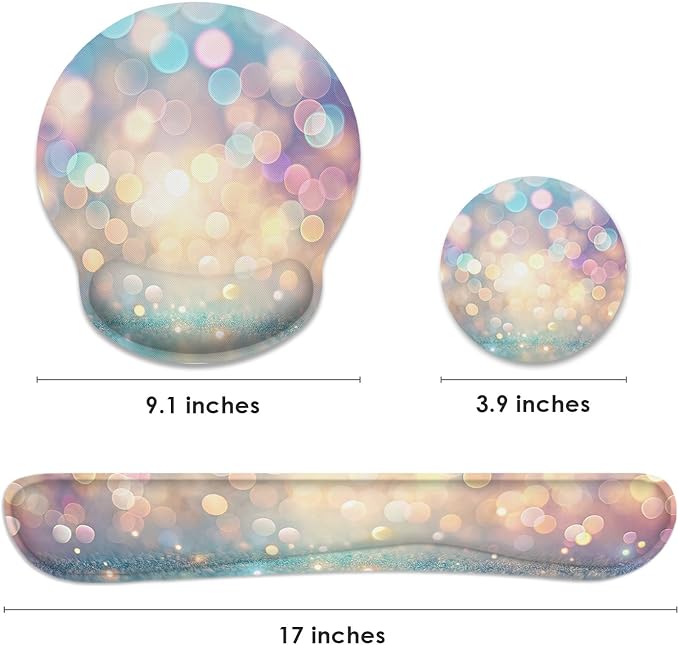 Ergonomic Mouse Pad Set with Wrist Rest, Glitter Gold | Fantasy Colorful Non-Slip Rubber Base Wrist Cushion Support and Coasters Mousepad with Wrist Support for Computer Keyboard