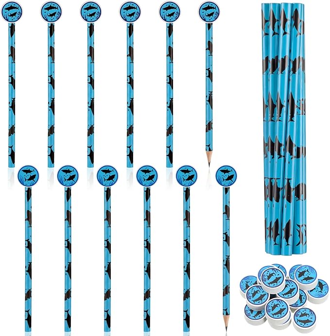 32 Pcs Summer Shark Pencil with Eraser Party Favors Gifts Shark Pen Goodie Bag Filler Under the Sea Theme Stationery Set for School Classrooms Exchange Reward Prize Home Office School Supplies
