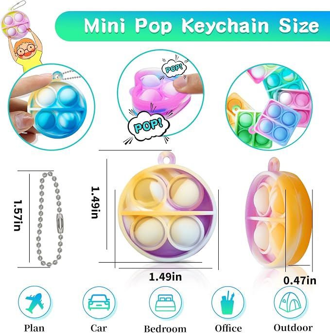 ONKULL Pop Fidget Keychain 90 Pack ,Mini Fidget Toys Bulk ,Sensory Toys for Kids ,Party Favors for Kids 4-8,8-12 Year ,Back to School Gifts for Classroom ,Birthday Goodie Bags Stuffers