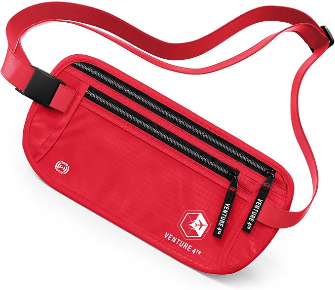 VENTURE 4TH Travel Money Belt, RFID Blocking Passport Holder - Red