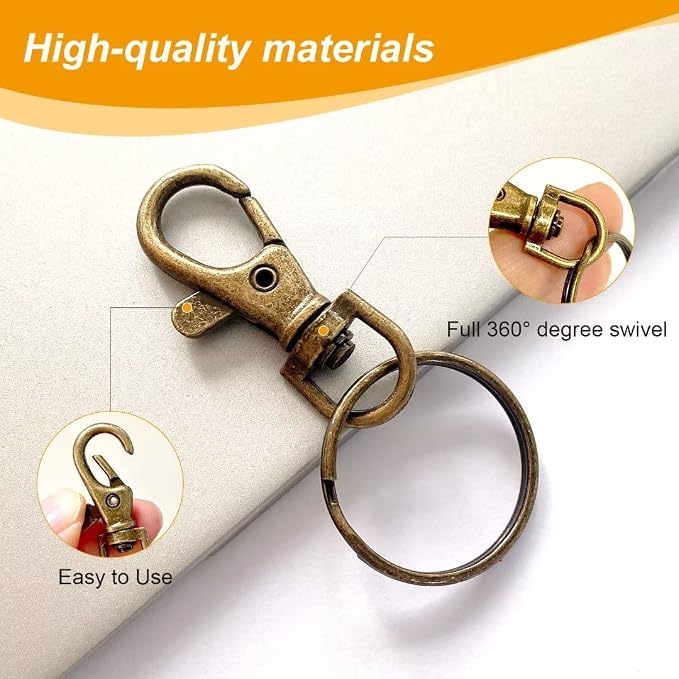 100PCS Swivel Snap Hooks with Key Rings, Premium Metal Swivel Lobster Claw Clasps Assorted Sizes (Large, Medium, Small) for Keychain Clip Lanyard, Jewelry Making, Crafts, Bronze