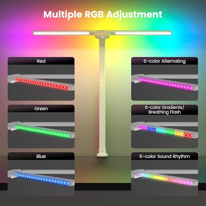 Upgraded LED Desk Lamp for Home Office with RGB, Rotatable Computer Desk Light with Remote, Tall Table Lamp with Clamp for Working, Dimmable Dual Head Task Lighting for Monitor PC, 22W