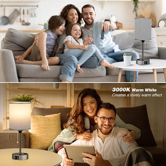 Small Bedside Table Lamp for Bedroom, Desk Lamp with USB Ports for Dorm | USB A+C Ports, AC Outlet, 3 Color Temper, LED Bulb Included, Grey Fabric Shade & Matte Metal Base, 14" Tall Night Stand Lamp