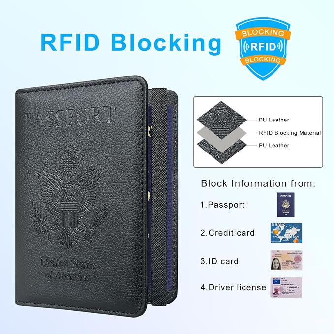 ACdream Passport Holder Cover, Leather Travel Wallet Case, RFID Blocking Document Organizer Protecrtor, with Slots for Credit Cards, Boarding Pass, for Women and Men - Black