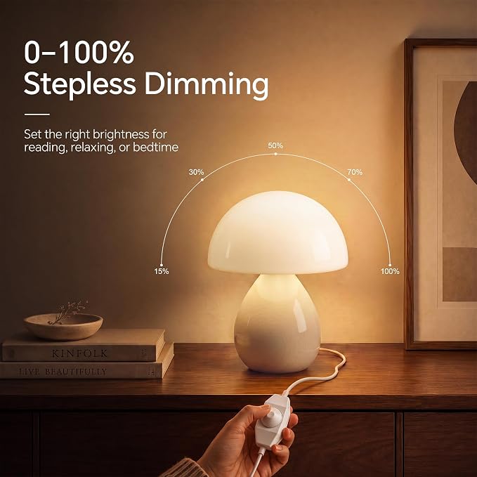 Mushroom Lamp Table Lamp for Bedroom-Small Desk Table Lamps,Cream | Ice Crackle 8.7" Mid Century Modern Table Lamps for Living Room Bedroom Decor,Ceramic Lamps for Home Room Decor,Glass Shade
