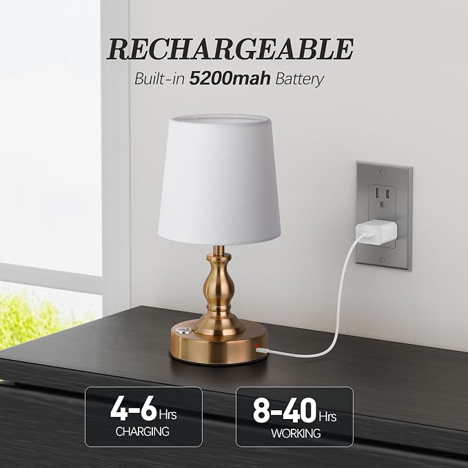 Mini Cordless LED Table Lamp, 5200mAh Rechargeable Battery Operated Lamp, 3-Level Brightness, Touch Dimmable Desk Lamp, Bedside Night Light for Patio Camping Restaurant Home, Antique Brass