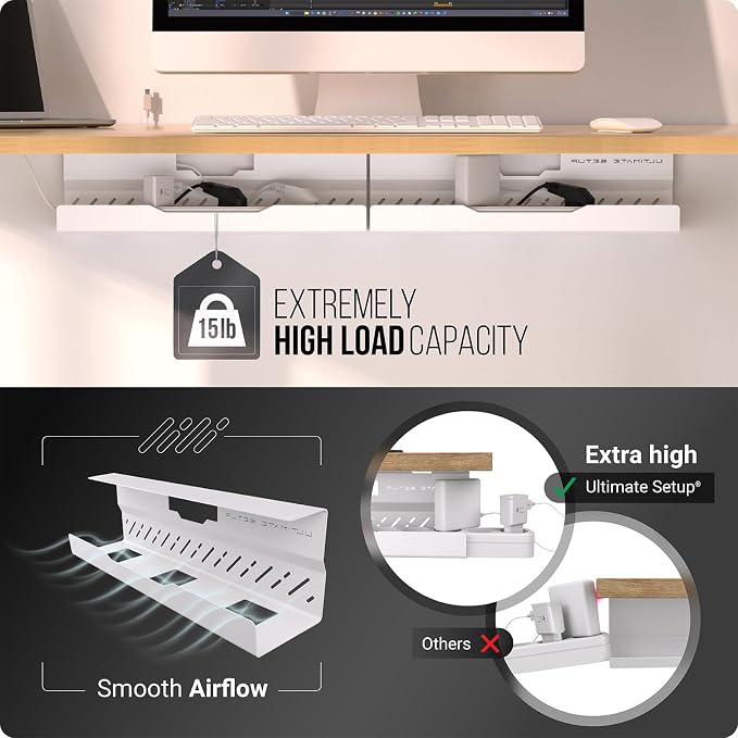 Under Desk Cable Management Tray no Drill – Wire Management - Cord Organizer – Huge Load Capacity – Under Desk Cable Tray no Drill (White, 2 Pieces Set)