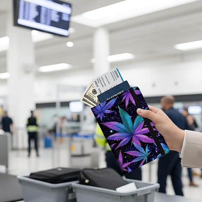Passport Holder Wallet Cover Case,RFID Blocking Passport Cover,Large Capacity Travel Wallet with Multi Card Slots (Weed Leaf Pattern)