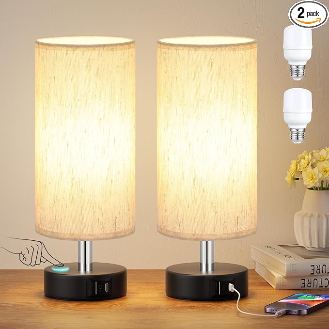 Small Table Lamps for Bedroom set of 2 - Touch Lamps with 3 Way Dimmable | Two LED Bulb Included | USB C and A Ports | Cream Shade and Black Base | Bedside Lamp for Nightstand