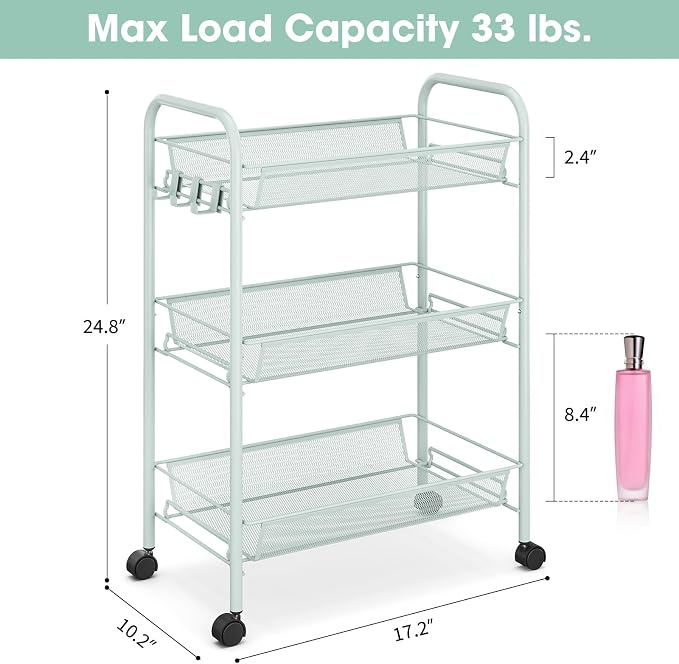 TOOLF 3 Tier Rolling Cart, Metal Utility Storage Cart with Wheels, Green | 3 Hooks, Screwless Assembly, Trolley Organizer for Bathroom, Kitchen, Office, Nursery, Dorm, Laundry Room
