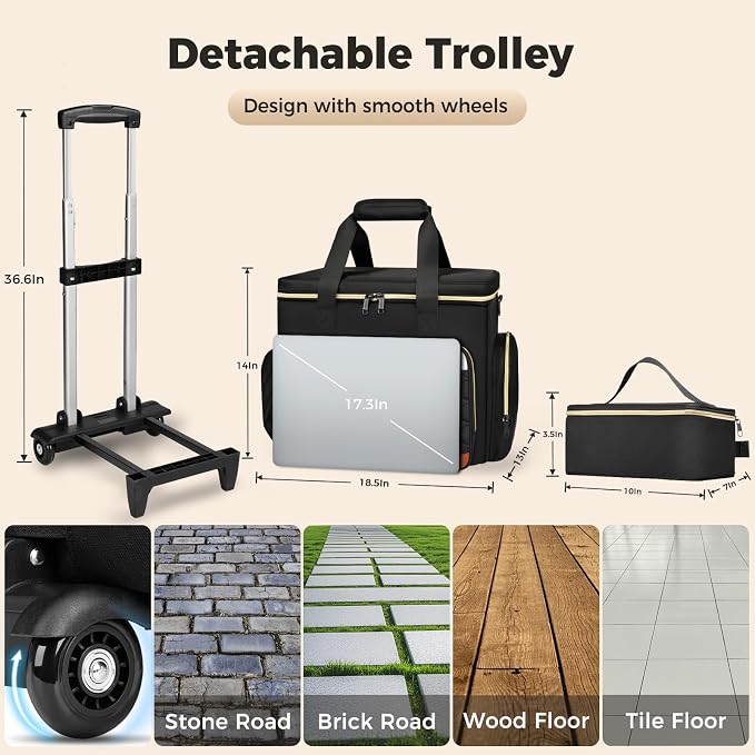 Ytonet Rolling Teacher Bag with Wheels, 15.6" Rolling Cart for Teachers | with Insulated Lunch Box & Detachable Dolly, Rolling Laptop Bag for Women, Large Roller Briefcase for Women for Work