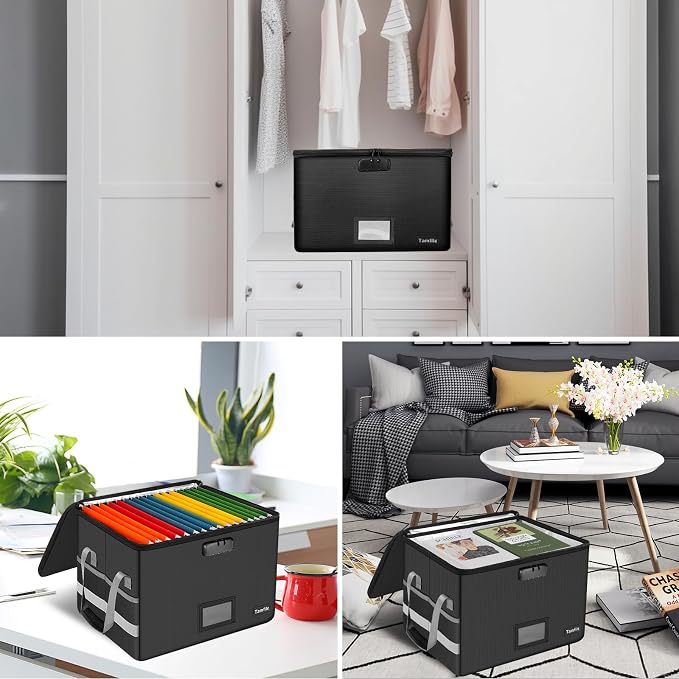 Tamfile Large File Box with lock, 5200°F Fireproof File Box for Documents | fireproof document box with Handle, for Hanging Letter/Legal Folder, Collapsible Filing Box for Home Office