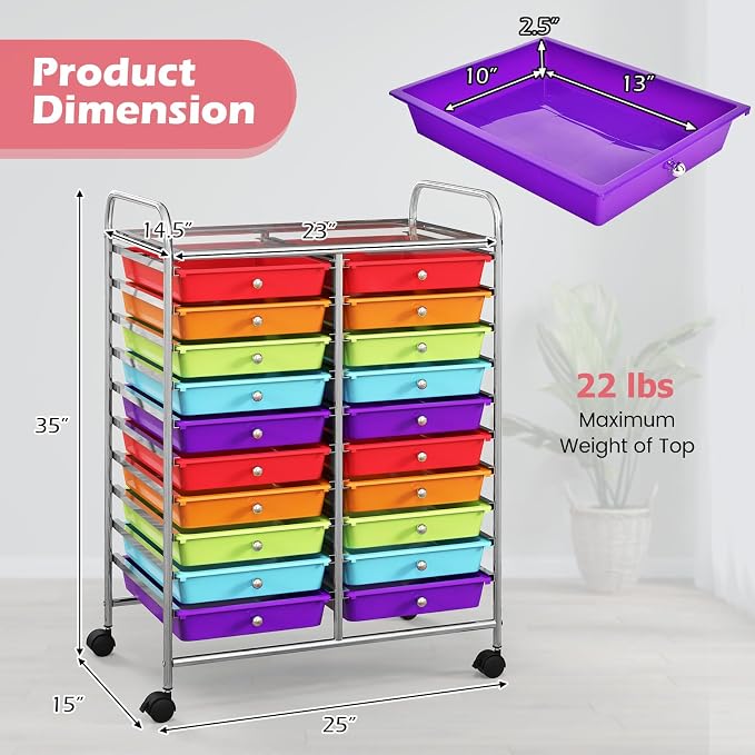 RELAX4LIFE 20 Drawer Rolling Storage Cart, Mobile Rolling Cart w/Drawers for School Classroom Teacher Office Home Salon, Paper File Art Supply Craft Organizer, Utility Cart on Wheels (Multicolor)