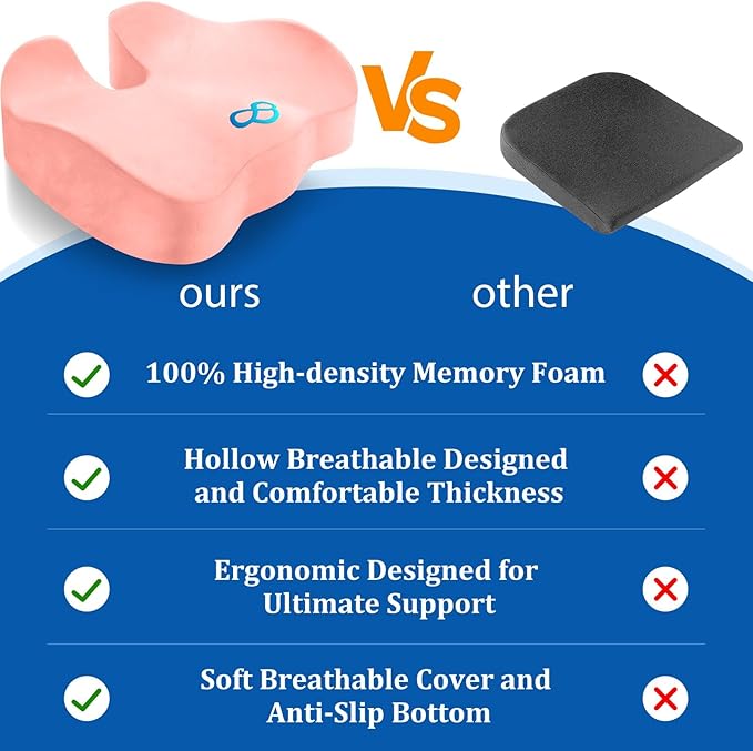 Seat Cushion, Chair Cushions, Office Chair Cushions, Anti-Slip Bottom & Removable Cover Tailbone Pain Relief Cushion, Memory Foam Seat Cushion, 5.28 in Thick (Pink)