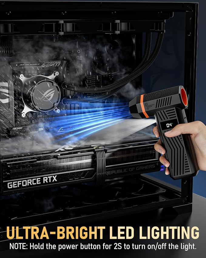 Compressed Air Duster, 180000RPM Electric Air Duster with 4-Speed Adjustable & Display Screen & LED Light & 5000mAh Battery, Rechargeable Cordless Electronics Air Blower for Keyboard/PC/Car