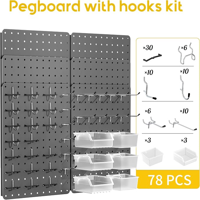 Steel Pegboard Tool Wall Organizer, 6 Pack 14.76 x 10.82 in, 6 Bins, Gray | 6 clear storage bins organize screws and small parts; 36 hooks and 30 peg locks keep garage tools sorted and easy to reach.