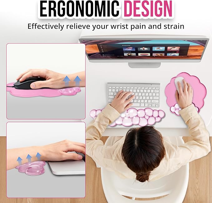 Keyboard Wrist Rest Set — Ergonomic Cloud Wrist Rest Keyboard and Mouse Pad, Non-Slip Desk Accessories for Office and Home（Pink）