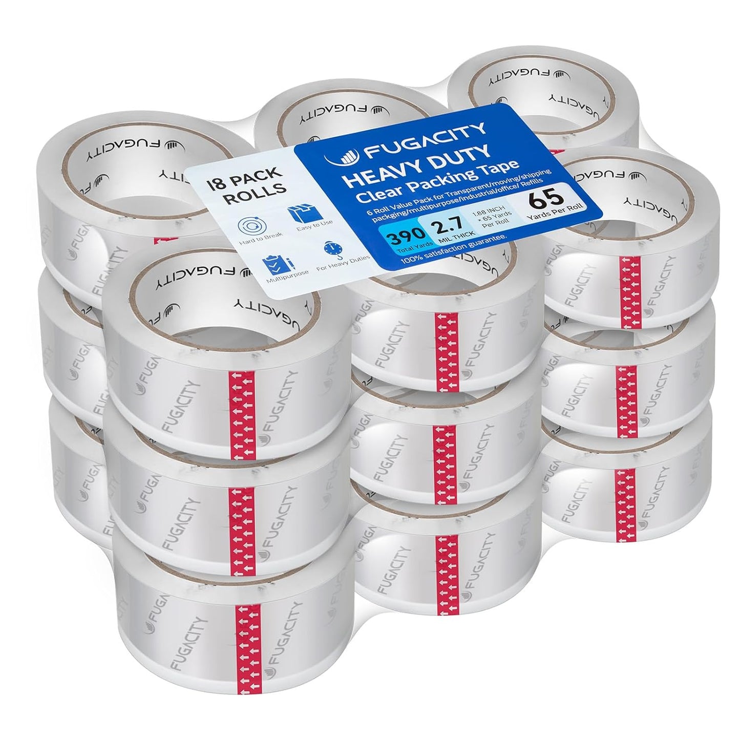 FugaCity Heavy Duty Clear Packing Tape Refills (18 Rolls), Packaging Tape for Moving Sealing, Moving Supplies Shipping Tape,2.7 Mil Thick, 2 in Wide,65 Yards Per Roll,Total 1170 Yards