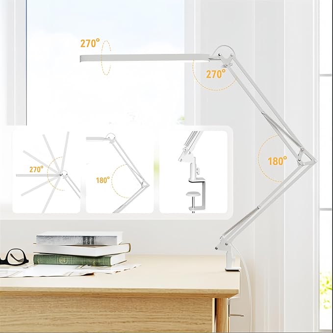Led Desk Lamp - 31.5" Desk Light - 5 Color Modes X 11 Brightness Levels - Adjustable Swing Arm - Timmer & Memory Function - 12W Study Lamp - White