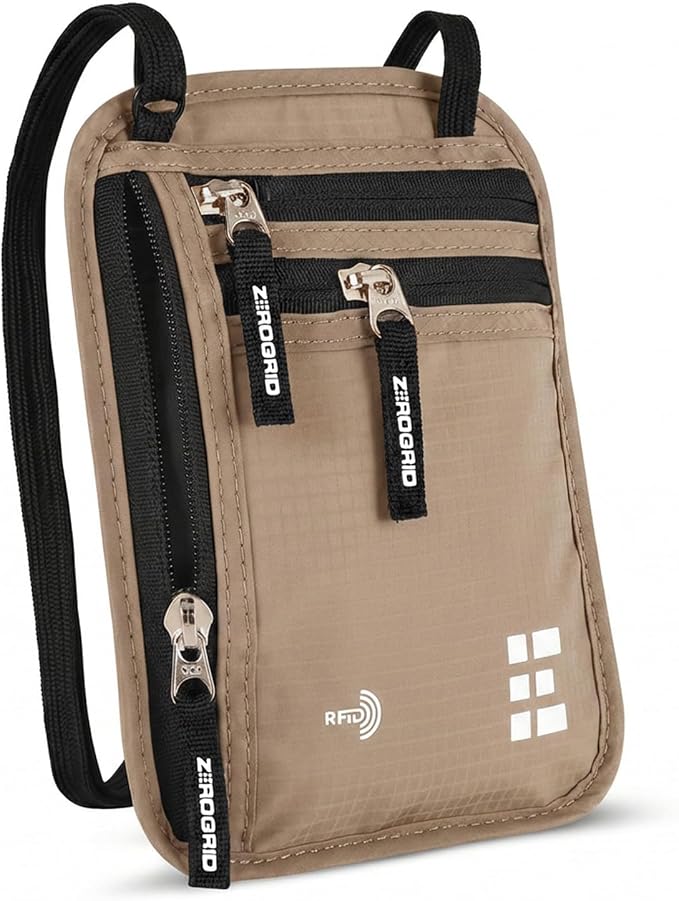 Zero Grid RFID Travel Neck Wallet, Large Passport Holder, Beige | Slim & Concealable Travel Pouch for Men & Women; Holds Phone, Cash, Cards, Keys, Waterproof; 4 compartments; Adjustable Strap