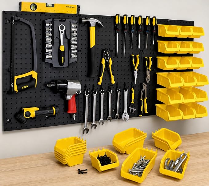 WALLPEG 36 Pack Pegboard Bin Kit – 18 Medium & 18 Large Yellow Peg Board Storage Bins | Parts Organizer for Garage, Workshop, Craft Room, Office & Workbench | Pegboard Accessory Organier | MADE IN USA