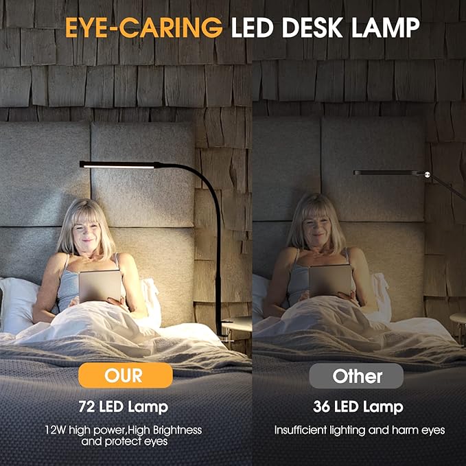 LED Desk Lamp with Clamp, Clip on Lights for Home Office, White | 3 Modes 10 Brightness, Long Flexible Goose-Neck, Eye-Caring, Memory Function, Energy Efficient, USB Adapter, Metal