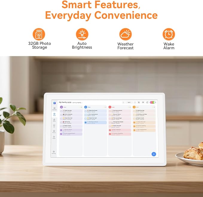 15.6" Smart Digital Calendar - No Subscription Family Hub with Calendar Sync, Meal Planner, Photo & Video Display, Touch Screen, Wall & Desk Mount, Gifts for Women Men (White)