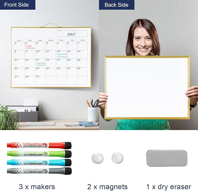 White Board Calendar - 12 X 16 Inches Magnetic Dry Erase Board Monthly Calendar, Double Sided Whiteboard with a Handle, to Do List Notepad for Office, Home, School, Gold Aluminum Frame