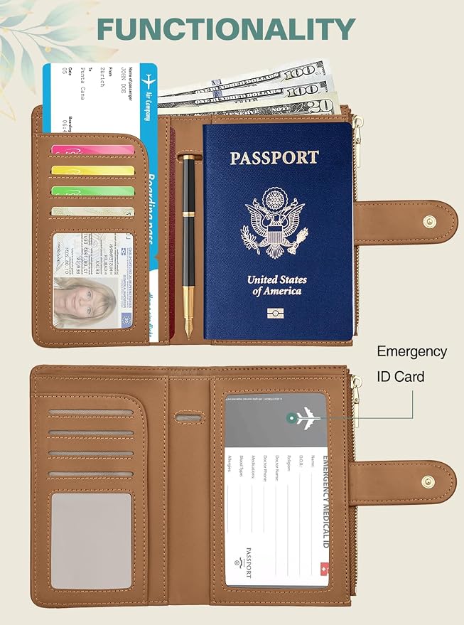 RFID Passport Holder for Travel, Leather Passport Wallet Cover with Airtag | with Airtag Slot, Card Cash Holders, Zippered Coins Pocket, for Women/Men, Gift Box, Travel Essentials, 4.1"L x 1"W x 6.3"H