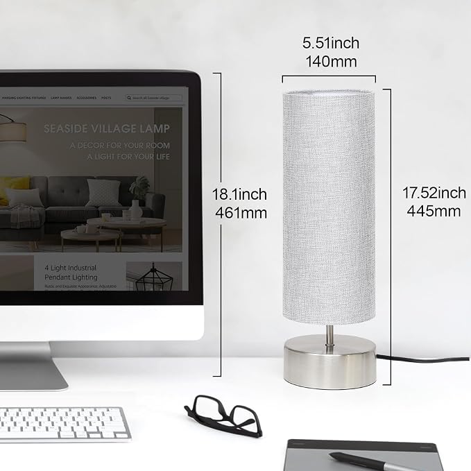 Bedside Touch Lamp, 3 Way Touch Control Table Lamp, Modern Nightstand Lamp | Silver Base with Gray Cylinder Shade, Simple Dimmable Night Light for Bedroom Living Room Kitchen, LED Bulb Included