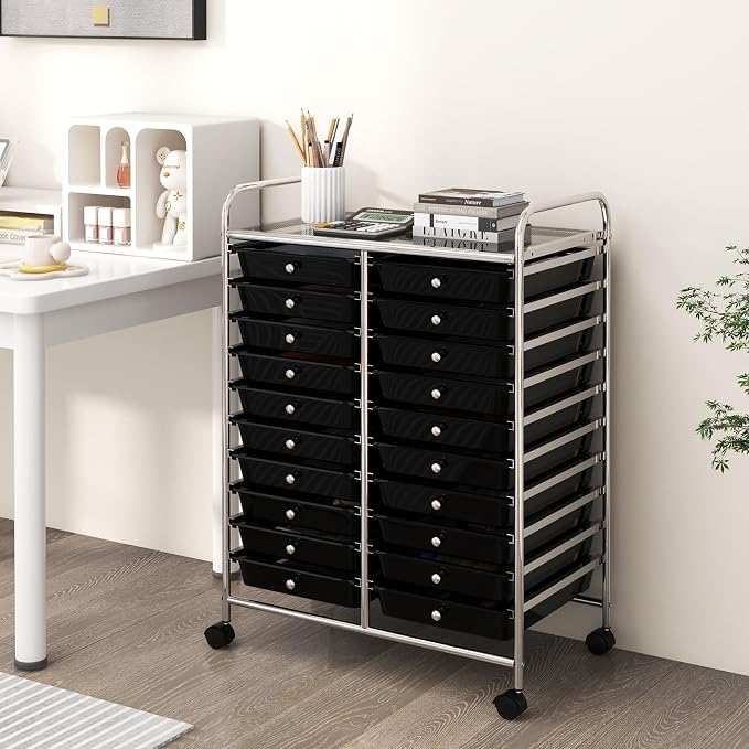 RELAX4LIFE 20 Drawer Rolling Storage Cart, Mobile Rolling Cart w/Drawers for School Classroom Teacher Office Home Salon, Paper File Art Supply Craft Organizer, Utility Cart on Wheels (Black)
