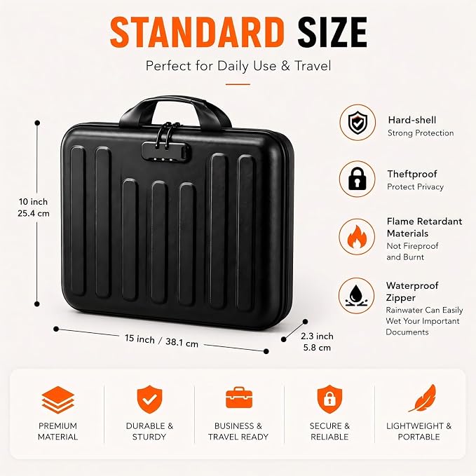 Fireproof Document Organizer with Lock, Waterproof Hard-Shell File Organizer, 13 Pocket Accordion Folder, Portable Safe Storage for A4 Files, Passports & Certificates, Home Office Travel Use, Black