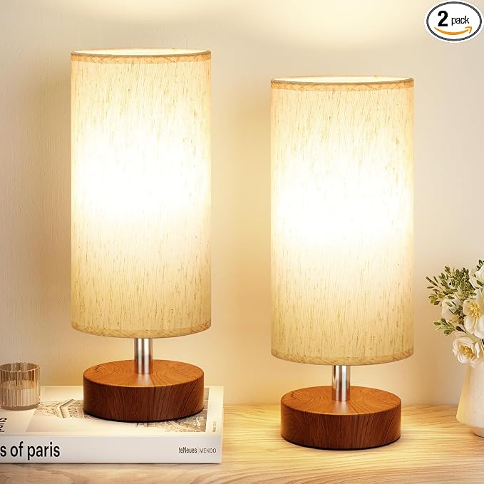 Table Lamps Set of 2 （Cream Shade - Walnut Base, 11.6" Inline Control） | Bulb not Included | Small Lamps for Bedroom | Desk Lamp for Reading | for Living Room | for Dorm | Linen Shade