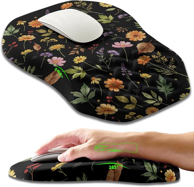 Ergonomic Slope Mouse Pad Wrist Support, Wrist Rest Mousepad for Carpal Tunnel Pain Relief with Massage Bulge and Slow Rebound Memory Foam (12x8 inch, Flowers and Leaves)