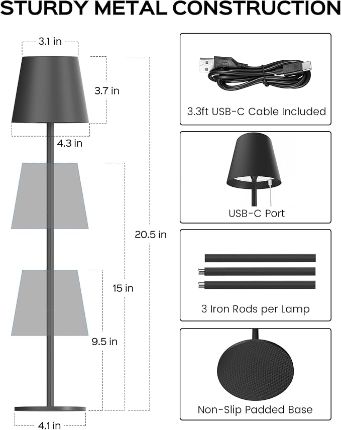 JACKYLED Cordless Table Lamps Rechargeable, 3 Adjustable Height, 5000 Capactiy Operated, 3 Colors Smooth Dimming, Portable LED Waterproof Table Lamp for Dining, Bedroom, Outdoor (2 Pack)