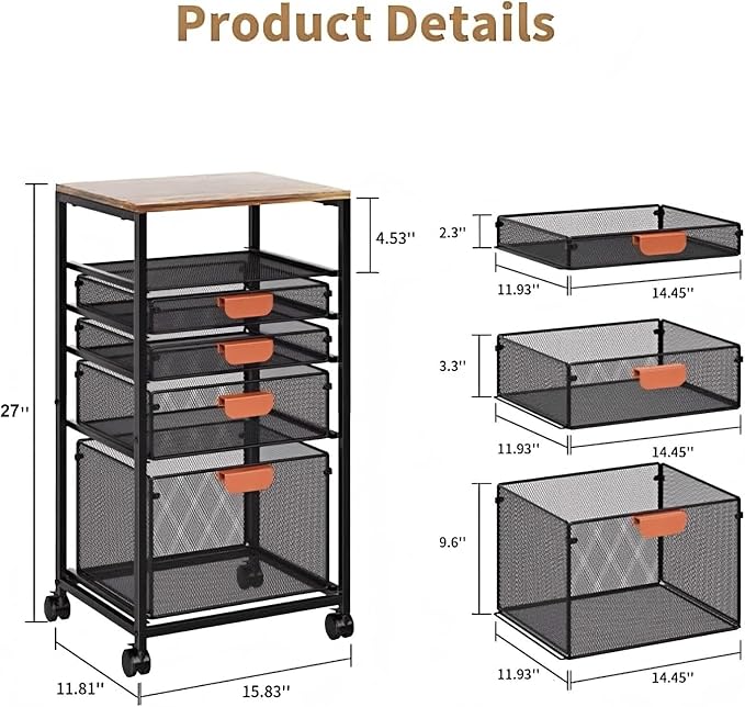 Marbrasse Rolling File Cart with 4 Storage Drawers, Mobile File Cabinet on Lockable Wheels, Hanging Filing Cabinet Organize, Under Desk Utility Cart for Home Office - Dark Brown