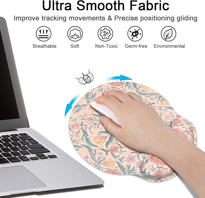 Ergonomic Mouse Pad Set with Wrist Rest, Floral Boho | Vintage Pink Non-Slip Rubber Base Wrist Cushion Support and Coasters Mousepad with Wrist Support for Computer Keyboard