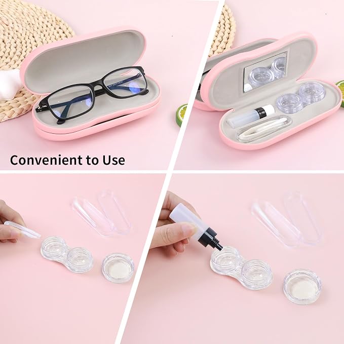 2 in 1 Contact Lens Case and Eyeglasses Case for Women Men Kids, Double Sided Hard Shell Portable Glasses Travel Holder with Built-in Mirror, Contact Lens Box (Pink)