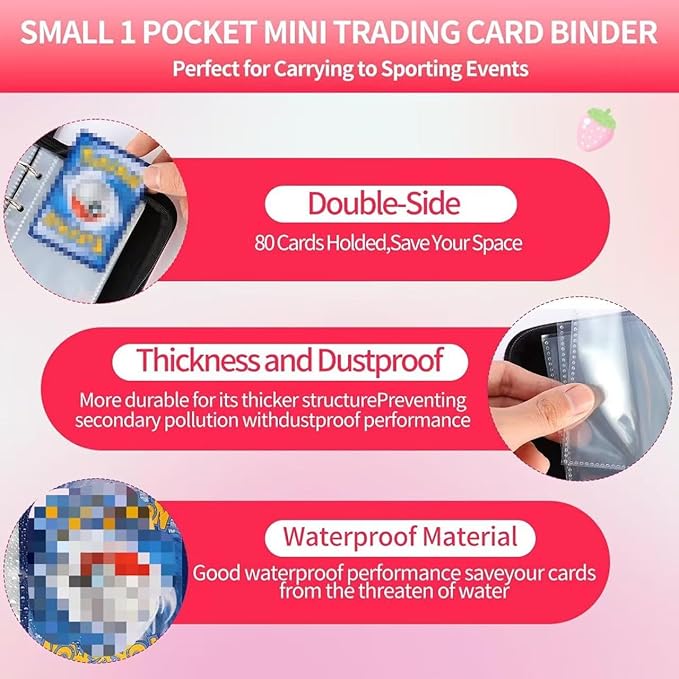 Small 1 Pocket Card Binder for Cards,Mini Trading Card Binder Holder Fits 80 Cards with 40 Removable Sleeves,Card Collection Binder Album Book Case for TCG,MTG,Sports Games (Strawberry Peach)