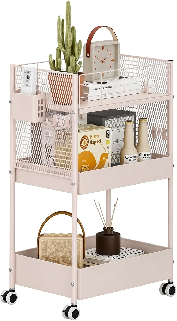 3 Tier Rolling Storage Cart Metal Utility Cart with Wheels | Office Organizer with Hooks & Hanging Cups, Mobile Shelving Unit for Kitchen Nursery Craft Snack Book