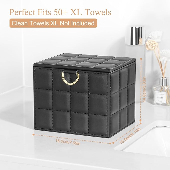 Disposable Face Towel Holder Box XL for Clean Skin Club Organizers | Black PU Leather Face Towels Container, Reusable Organizer for Clean Skin Towel Makeup Wipe Holder Counter Bathroom Storage