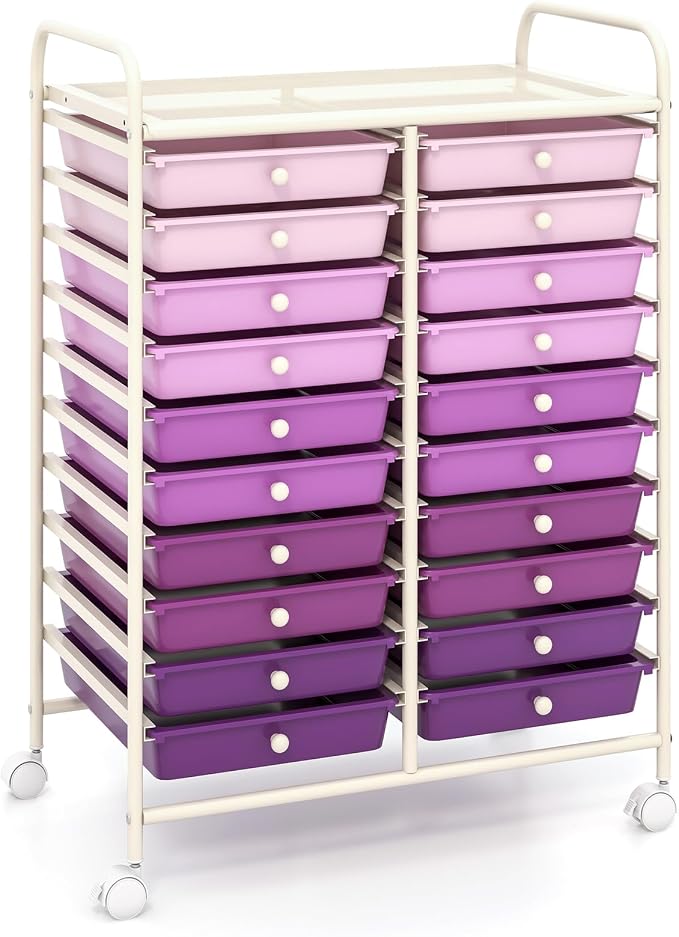COSTWAY 20-Drawer Rolling Storage Cart, Utility Storage Organizer Cart | For Tools, Scrapbook, Paper, Craft, Multipurpose Storage Trolley on Wheels for Home Office School (Purple Gradient)