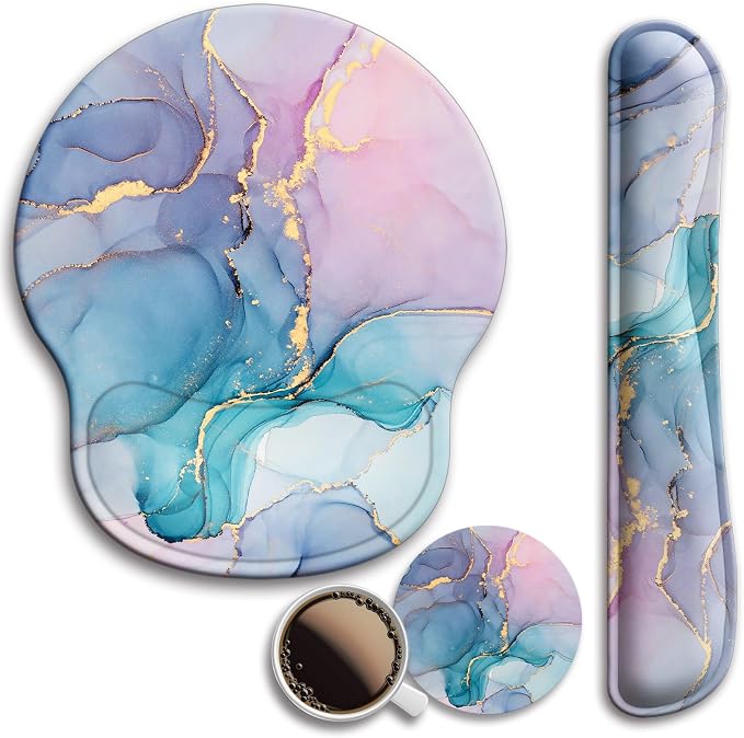 Mouse Pad and Keyboard Wrist Rest Support,Ergonomic Mouse Pad Set | Mousepad With Coaster and Non-Slip PU Base,Pain Relief for Desk Desktop Gaming, Computer,Office -Beach