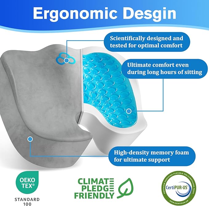 Seat Cushion, Chair Cushions, Office Chair Cushions, Anti-Slip Bottom & Removable Cover Tailbone Pain Relief Cushion, Memory Foam Seat Cushion for Office, Wheelchair, Car (Light Grey)