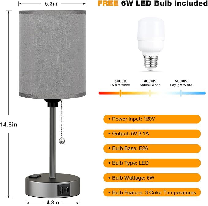 Small Bedside Table Lamp for Bedroom, Desk Lamp with USB Ports for Dorm | USB A+C Ports, AC Outlet, 3 Color Temper, LED Bulb Included, Grey Fabric Shade & Matte Metal Base, 14" Tall Night Stand Lamp