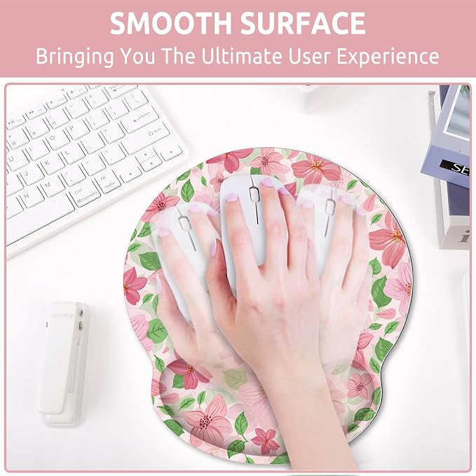 KONVINIT Ergonomic Mouse Pad with Wrist Rest, Small Mousepad with Non-Slip Rubber Base and Smooth Surface, Pink Floral Mouse Pads for Desk, Office Desk Accessories