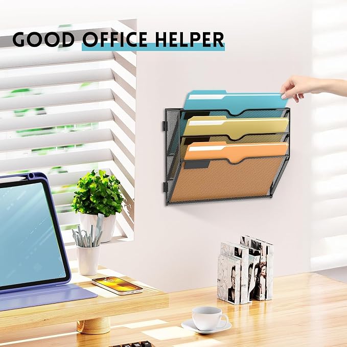 3 Tier Wall File Organizer, Hanging Wall Mounted Mail Organizer with Label Slots, Metal Mesh File Holder Magazine Rack for Office, Home, School or Classroom, Black, 2Pack