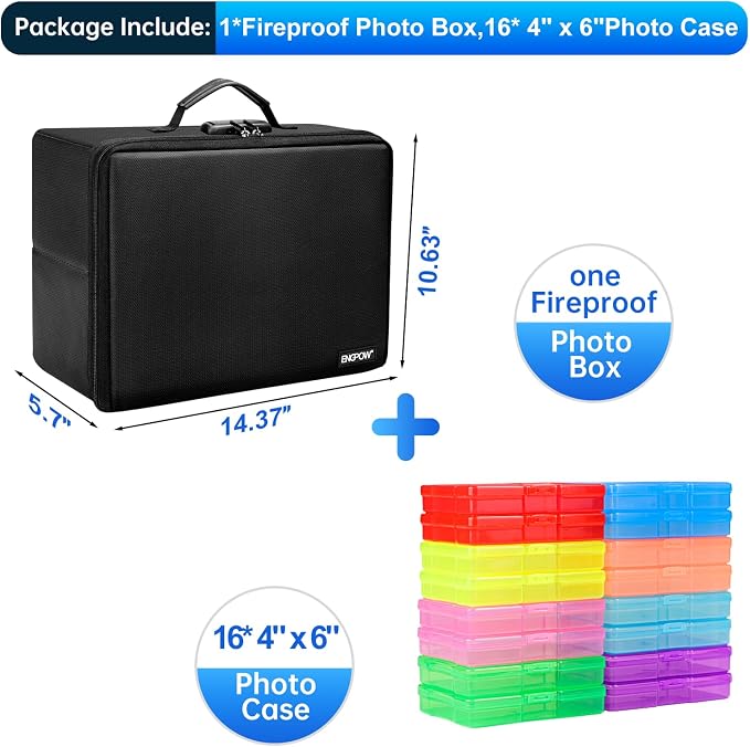 ENGPOW Fireproof Photo Storage Box with 16 Inner 4" x 6" Photo Cases(Multi-Colored), Photo Organizer with Lock, Collapsible Portable Photo Safe Containers with Handle for Photos, Picture, Craft