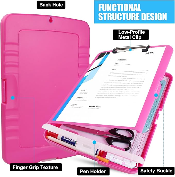 Plastic Clipboard with Storage,A4 Nursing Clipboard Folder with Pen Holder,Cute Clip Boards 8.5x11 Heavy Duty,Side Opening for Office,School,Home Work,Hot Pink