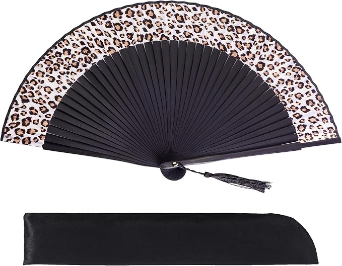 Wobe Hand Held Bamboo Silk Folding Fan, Chinese Japanese Handheld Fan with Tassel Wooden Charming Elegant Vintage Retro Style for Women Ladys Girls Dance Party Home Decorations (Leopard)